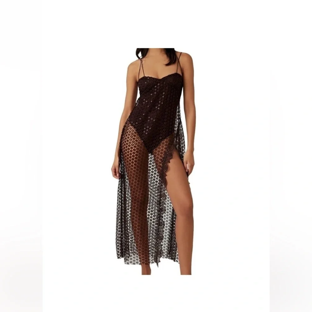 Free People Brown Crochet Asymmetrical Beach Cover Up Dress Boho Resort Small - Picture 3 of 14
